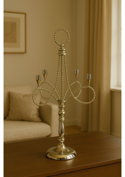 Gümüş Renk 4 Kollu Dikey Metal Şamdan – 51 cm Dekoratif Mumluk fiyatları