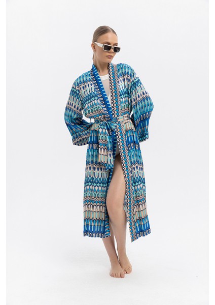 %100 Viskon Desenli Saten Premium Kimono – Kuşaklı & Uzun