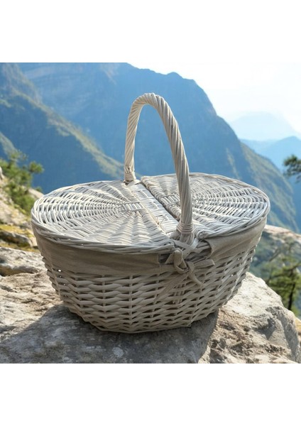 Adelya - Hasır Kulplu - Kapaklı Piknik Sepeti - 985BEYAZ