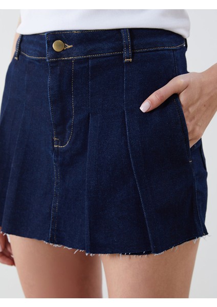 Yeni Sezon Standart Fit Pileli Jean Sort Etek - S5PY34Z8