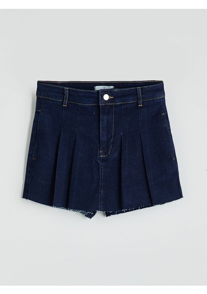 Yeni Sezon Standart Fit Pileli Jean Sort Etek - S5PY34Z8