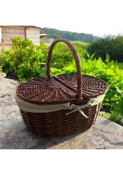 Adelya - Hasır Kulplu - Kapaklı Piknik Sepeti - 985KAHVERENGİ