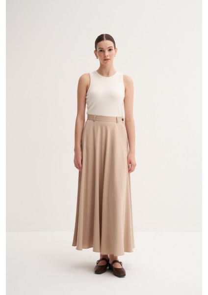 Bej %100 Liyosel Yüksek Bel Cepli Düğme Detaylı Uzun Kloş Etek