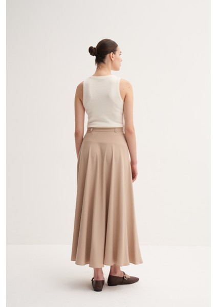 Bej %100 Liyosel Yüksek Bel Cepli Düğme Detaylı Uzun Kloş Etek fırsatları
