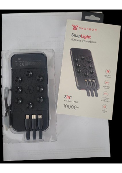 Snp 3003 Siyah Kablosuz Vantuzlu 3 Lü Kablo Çıkışlı Powerbank 10.000 mAh. USB Kablo Dahil