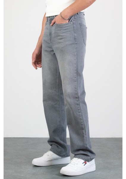 Erkek Gri Straight Baggy Fit Likrasız Rahat Kesim %100 Pamuk Loose Jean Pantolon Hector fırsatları
