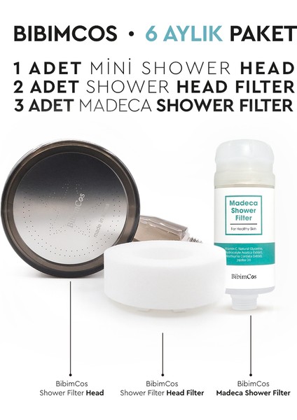 Mini Duş Başlığı + 2 Yedek Filtre + 3 Madeca Duş Filtresi (6 Aylık Set)