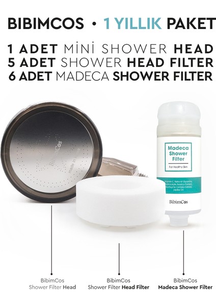 Mini Duş Başlığı + 5 Yedek Filtre + 6 Madeca Duş Filtresi (1 Yıllık Set)
