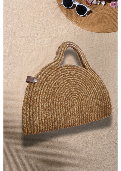Yarım Ay Formlu Hasır El Çantası – Doğal Renk