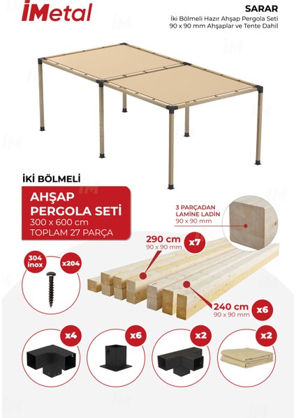 Ahşap Pergola Seti Iki Bölümlü 90 x 90 mm Ahşaplar ve Tente Dahil