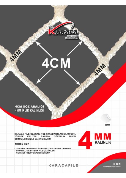 Balkon Güvenlik Filesi – 2 M Yükseklik | Metreyle Kesim | 4 mm Ip, 4x4 cm Göz Aralığı + Montaj Aparatları (Beyaz) modelleri