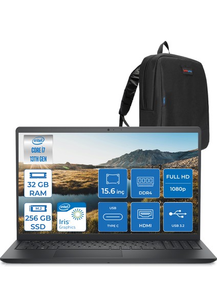 Inspiron 15 3530 Intel Core I7-1355U 32GB 256GB SSD 15.6 Inç Full Hd Freedos Laptop ZI35301103F11+ZETTAÇANTA