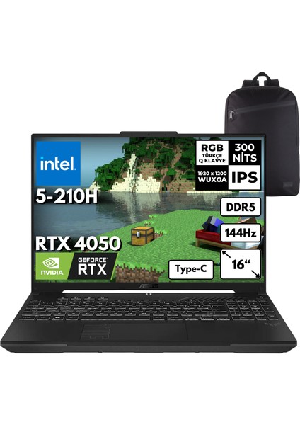 Tuf F16 Intel 5-210H 48 -Gbddr5 1 Tbssd RTX4050 (6GB-140W) 16" Wuxga 144Hz Windows 10 Pro + Sırt Çantası FX607VU-RL146HMF69