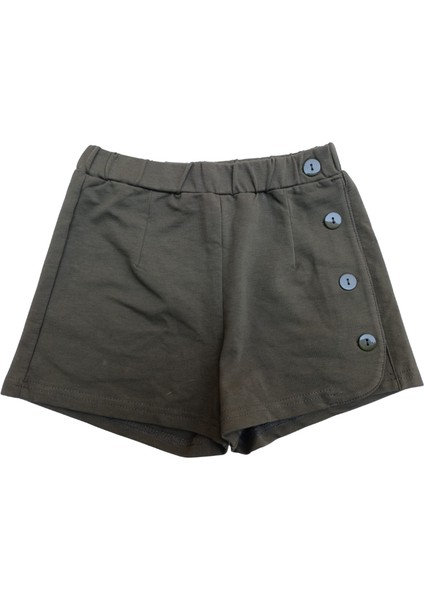 Kız Çocuk Şort Sol Yanda Aksesuar Düğmeli Haki Renkli %100 Pamuk