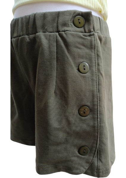 Kız Çocuk Şort Sol Yanda Aksesuar Düğmeli Haki Renkli %100 Pamuk modelleri
