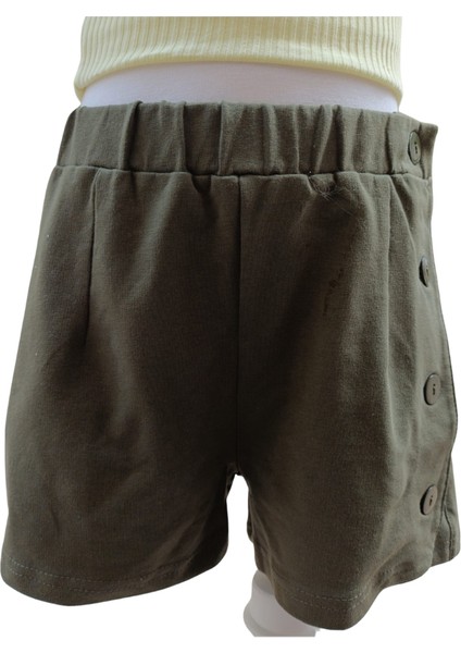 Kız Çocuk Şort Sol Yanda Aksesuar Düğmeli Haki Renkli %100 Pamuk