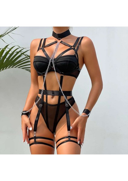 Transparan Tüllü Harness ve Zincir Kelepçe Detaylı Balenli Siyah Kadın Jartiyer Takım fırsatları