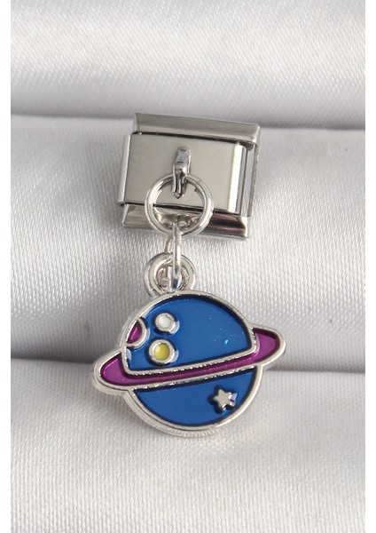 316L Çelik Gümüş Renk Mavi Satürn Model Nomination Charm