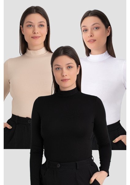 Kadın Beyaz Siyah Ten Balıkçı Yaka Uzun Kollu Body 3 Adet