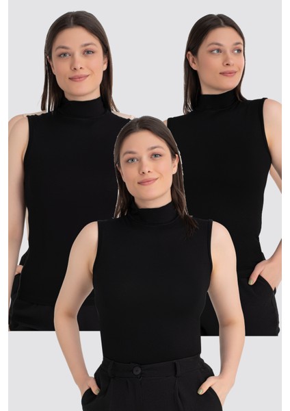 Kadın Siyah Balıkçı Yaka Kolsuz Body 3'lü Paket
