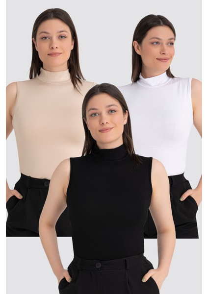 Kadın Siyah Beyaz Ten Balıkçı Yaka Kolsuz Body 3'lü Paket
