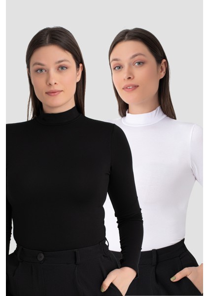 Kadın Beyaz - Siyah Balıkçı Yaka Uzun Kollu Body 2'li Paket
