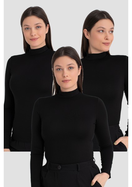 Kadın Siyah Balıkçı Yaka Uzun Kollu Body 3 Adet