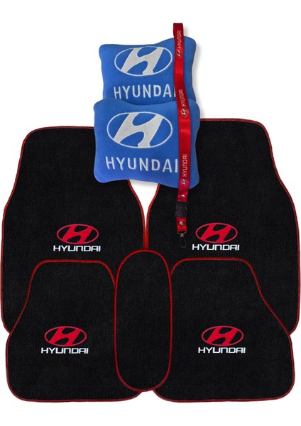 Hyundai Nakış Işlemeli Siyah Oto Halı Paspas | Hyundai Araç Mavi Oto Boyun Yastığı & Oto Ayna Askısı