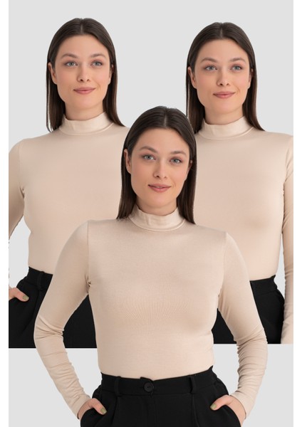 Kadın Ten Balıkçı Yaka Uzun Kollu Body 3 Adet