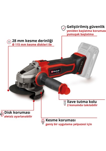 Akülü Avuç Taşlama TE-AG 18/115-2 Li - Solo Power X-Change (18 V, 115 mm Ø disk, 28 mm kesme derinliği, yumuşak başlatma özelliği, kesme koruması) - 4431166
