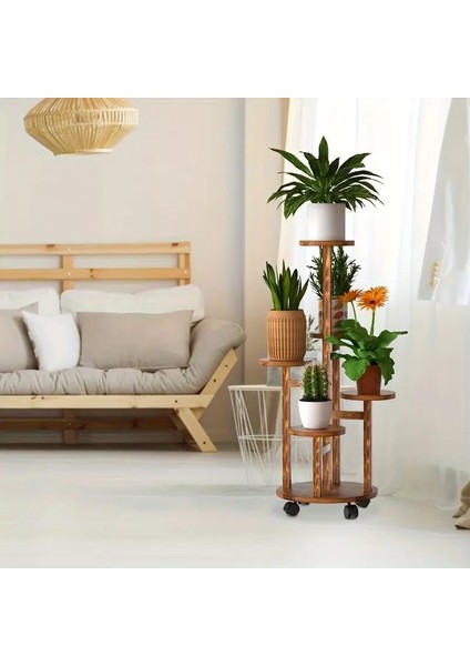 Tekerlekli Çiçeklik 5 Raflı Saksılık Dekoratif 5 Raflı Çiçeklik Doğal Ahşap Saksılık Çiçek Rafı Daire Model indirimleri