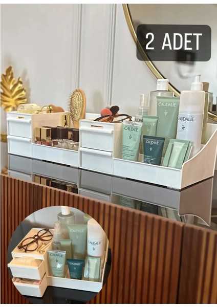 2 Adet Rose Makyaj Organizer - Çekmeceli Katlı Kozmetik Parfüm Krem Serum Düzenleyici çok gözlü