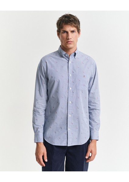 Erkek Lacivert Regular Fit Düğmeli Yaka Çizgili Gömlek 3250036.436