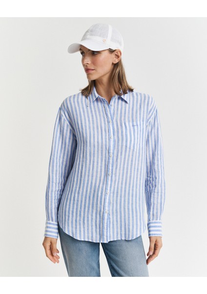 Kadın Mavi Relaxed Fit Klasik Yaka Çizgili Gömlek 4300476.419