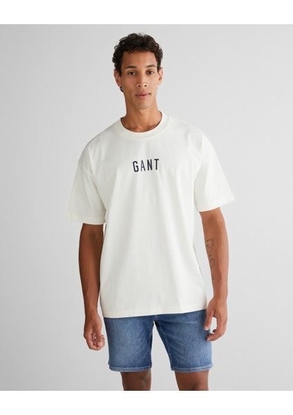 Erkek Krem Relaxed Fit Bisiklet Yaka Logolu T-Shirt 2325139T.113
