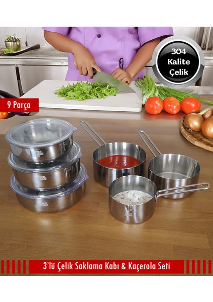 Çelik 3'lü Saklama Kabı ve 3'lü Kaçerola 9 Parça Set