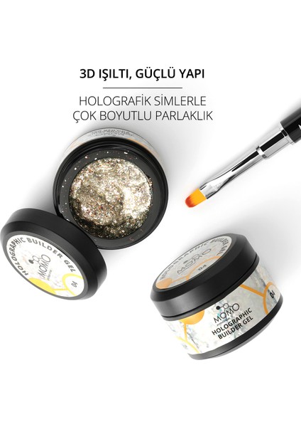 Holographic Builder Gel, Nail Art Için Protez Tırnak Jeli No.04, Glitter Sarı Simli, 10 gr