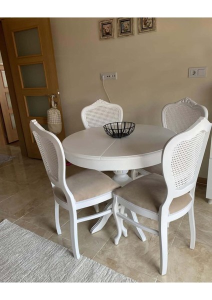 Ezine Yuvarlak Açılır Baba Ayak Mutfak Masası / Urla Hazeranlı Beyaz Krem Mutfak Sandalyesi