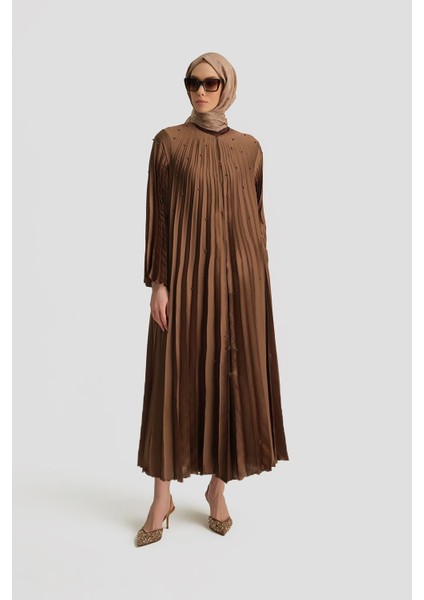 Taş Işlemeli Piliseli Abaya 25Y8302 Açık Kahve