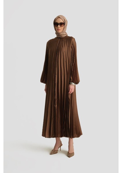 Taş Işlemeli Piliseli Abaya 25Y8302 Açık Kahve