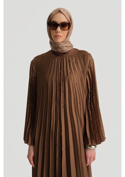 Taş Işlemeli Piliseli Abaya 25Y8302 Açık Kahve