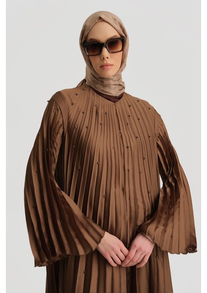 Taş Işlemeli Piliseli Abaya 25Y8302 Açık Kahve