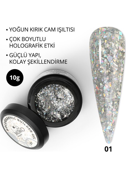 Holographic Builder Gel, Nail Art Için Protez Tırnak Jeli No.01, Glitter Gümüş Simli, 10 gr