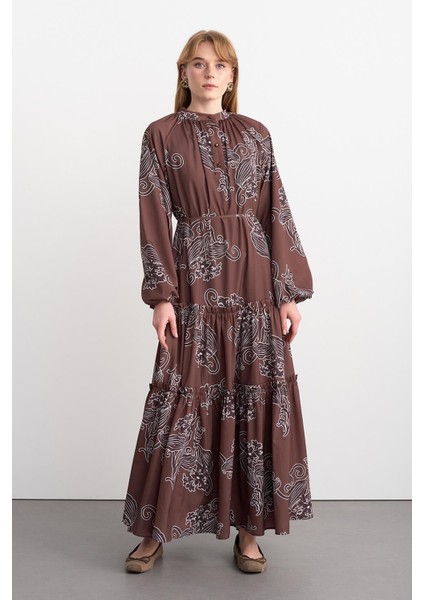 Floral Desenli Uzun Elbise Kahve