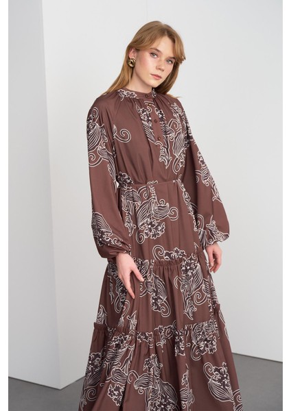 Floral Desenli Uzun Elbise Kahve fiyatları