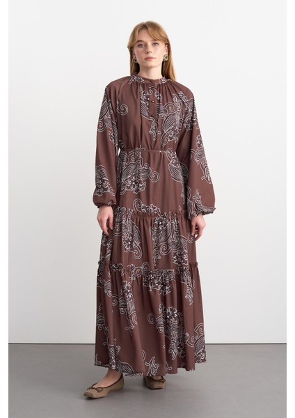 Floral Desenli Uzun Elbise Kahve modelleri