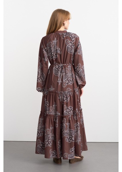 Floral Desenli Uzun Elbise Kahve indirimleri