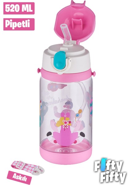 Kalın Pipetli Tritan Su Matara, Taşıma Askılı, Okul ve Günlük Kullanım, 0,5 L Pembe