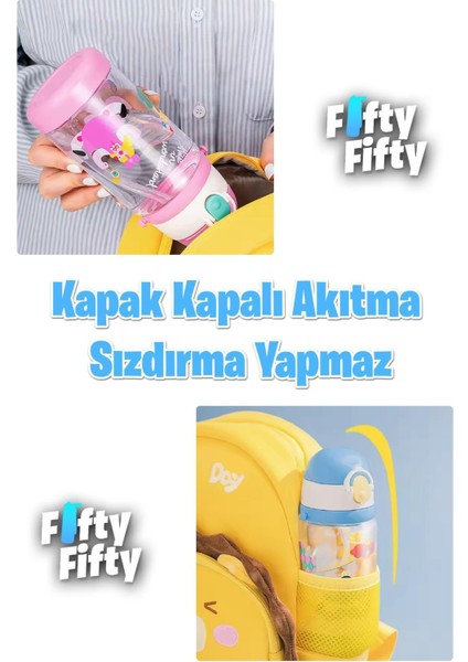 Kalın Pipetli Tritan Su Matara, Taşıma Askılı, Okul ve Günlük Kullanım, 0,5 L Pembe