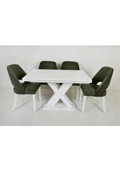 Ihlara Açılır Dikdörtgen Beyaz Mdf Mutfak Masası / Didim Beyaz- Yeşil Ahşap Sandalye Masa Takımı 4-6 Kişilik